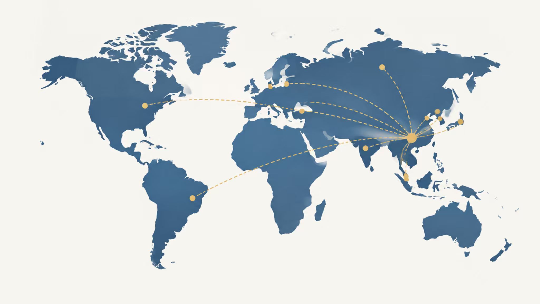 World map showing HeChuang Tech export markets in Europe, North America, South Korea, Japan, Russia, Brazil, Southeast Asia, and Taiwan