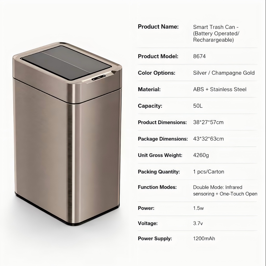 commercial 50L stainless steel smart trash can product and specifications