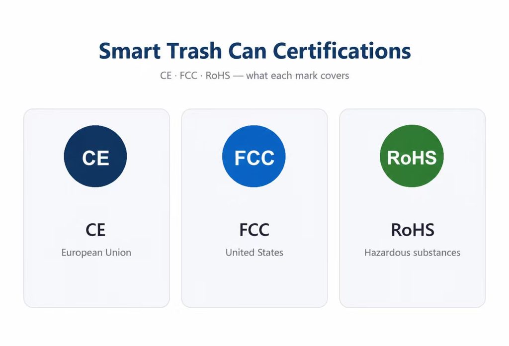 CE, FCC, and RoHS, certification icons for smart trash cans