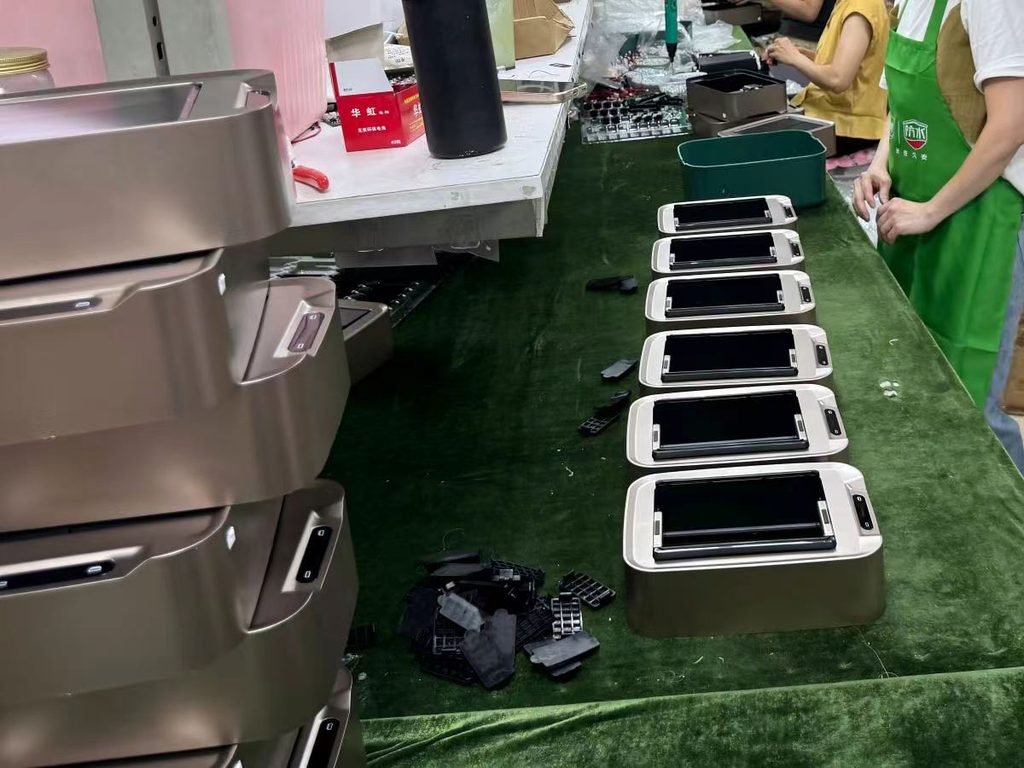 Smart trash can sensor quality control testing on the production line